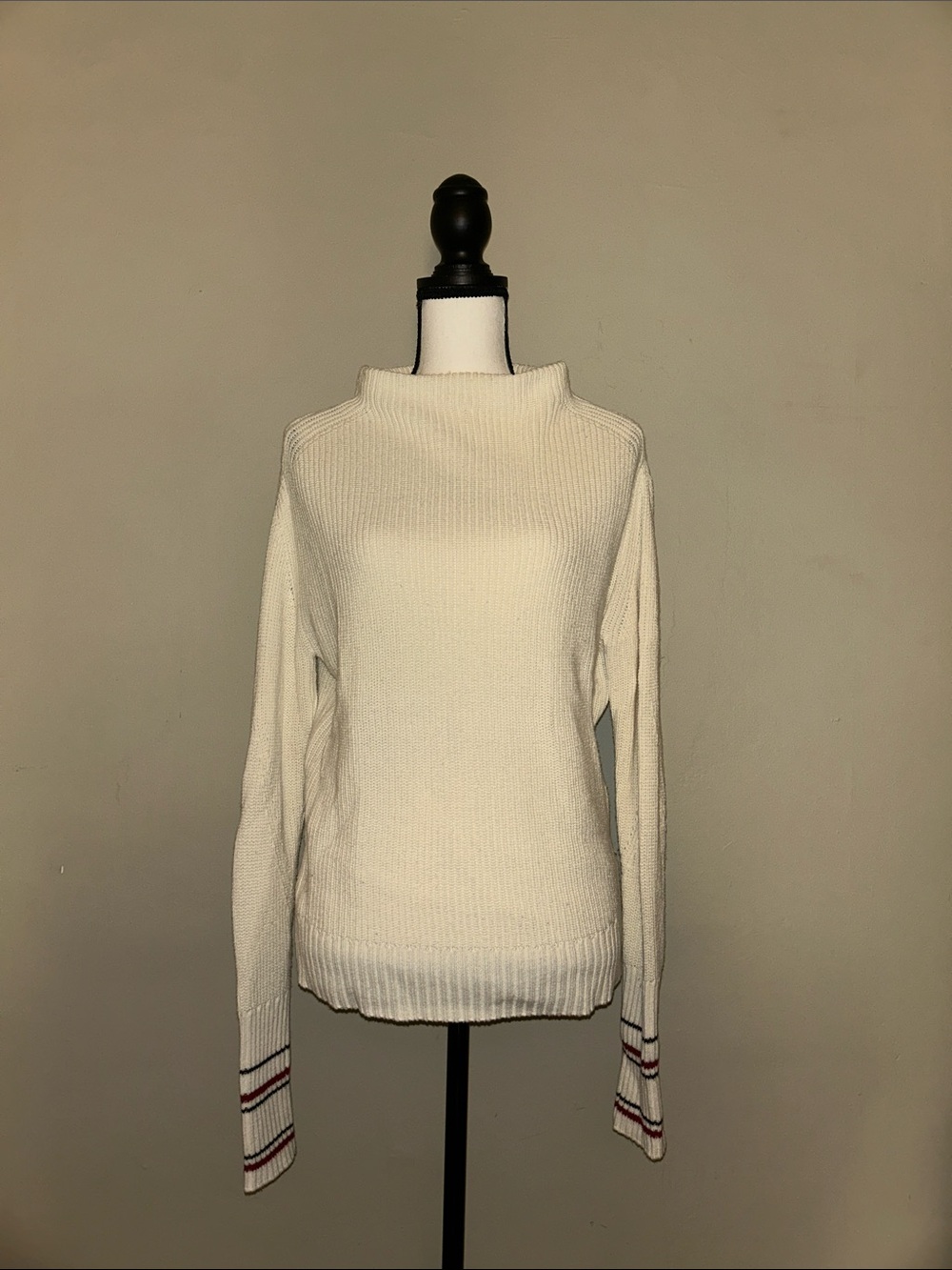 Tommy Hilfiger Cream Mock Neck Sweater with Red & Navy Stripe Cuffs